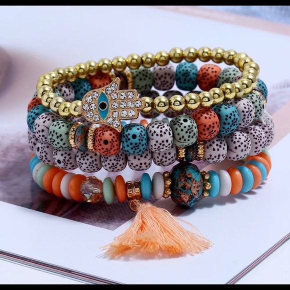 ✨NEW 4pc boho bodhi bead hamsa tassel bracelet set - Picture 7 of 8